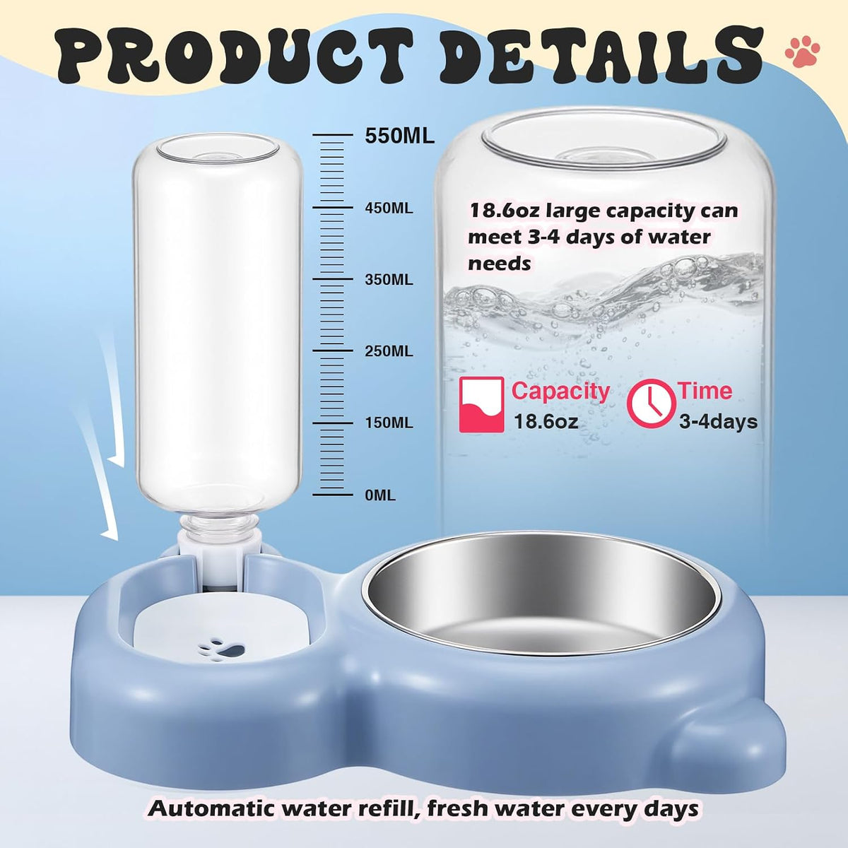 Blue Dog Cat Food and Water Bowl Set with Non-Slip Silicone Mat