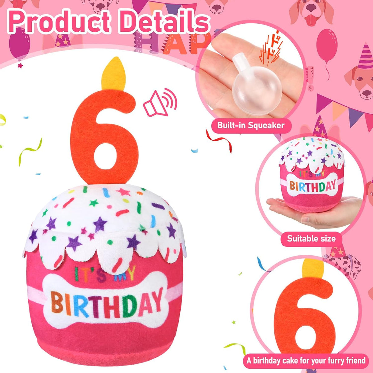 Dansydaisy Dog Birthday Cake Toy Squeaky Plush Gift,6th,Pink | Interactive Squeaky Gift for Dogs, Dog Birthday Decor , Soft Chew for Small Medium Large Pets, Cake Design with Candle