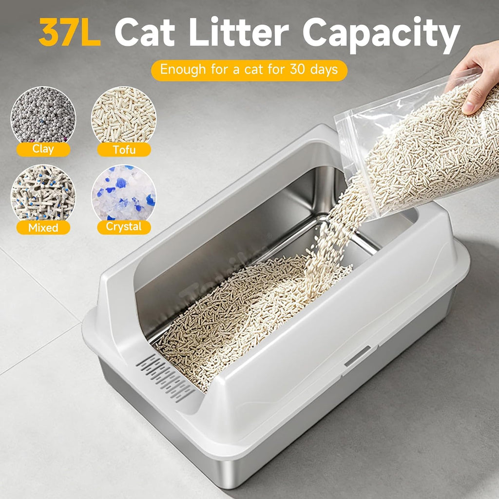 XL Open Top Stainless Steel Litter Box with High Sides,Gray | Extra Large Tall Wall Open Top Deep Metal Pan, Anti-Leak Non-Stick Odor Control