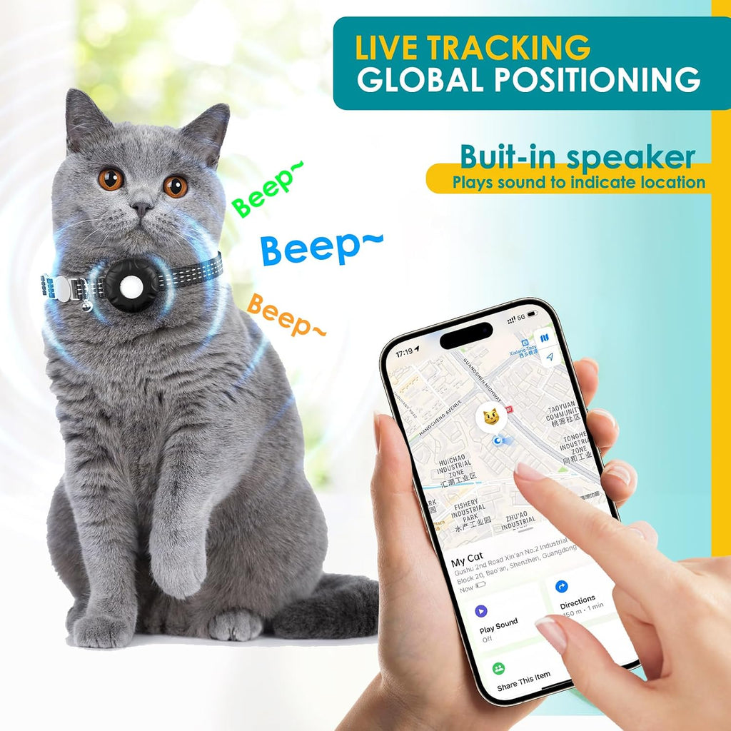Cat Tracker, GPS Tracker, No Monthly Fee, No Subscription Fee Pet Tracker, Compatible with Apple Find My App (Only iOS), Real-Time Location, Cat Trackers Collar with Safety Elastic Buckle, Black