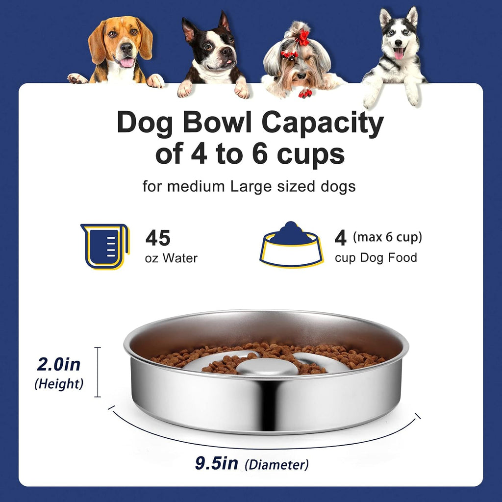 Stainless Steel Slow Feeder Dog Bowl | Metal Dog Food Bowls | 4 Cups for Medium & Large Dogs | Non-Slip Dogs Water Bowl | Fun Bloat Stop Pet Bowl for Fast Eaters | Slows Down Pets Eating