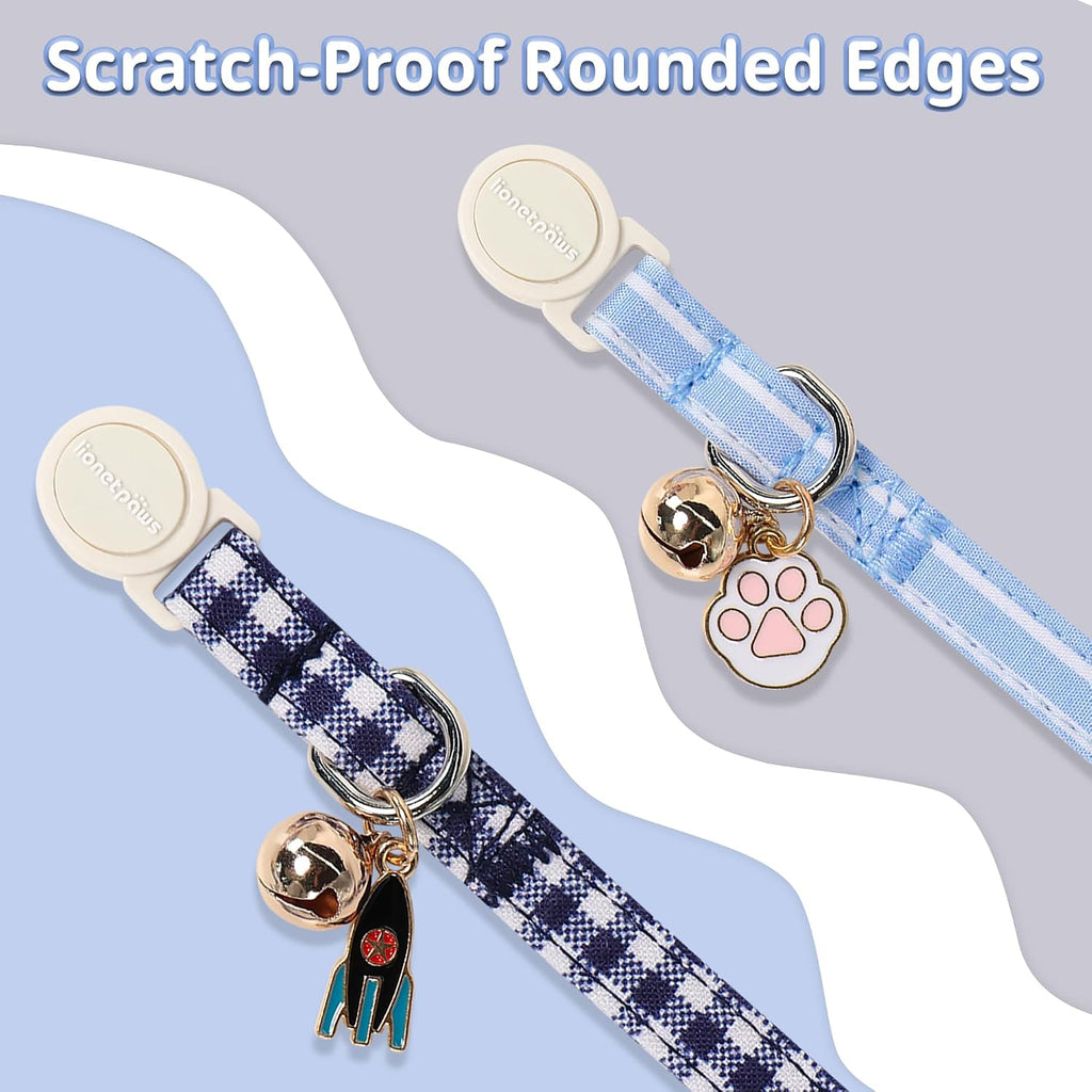 LIONET PAWS 2 Pack Breakaway Cat Collars, Cute Soft Cotton Plaid Gingham & Blue Stripe Kitten Collars with Bell for Boy Girl Cats