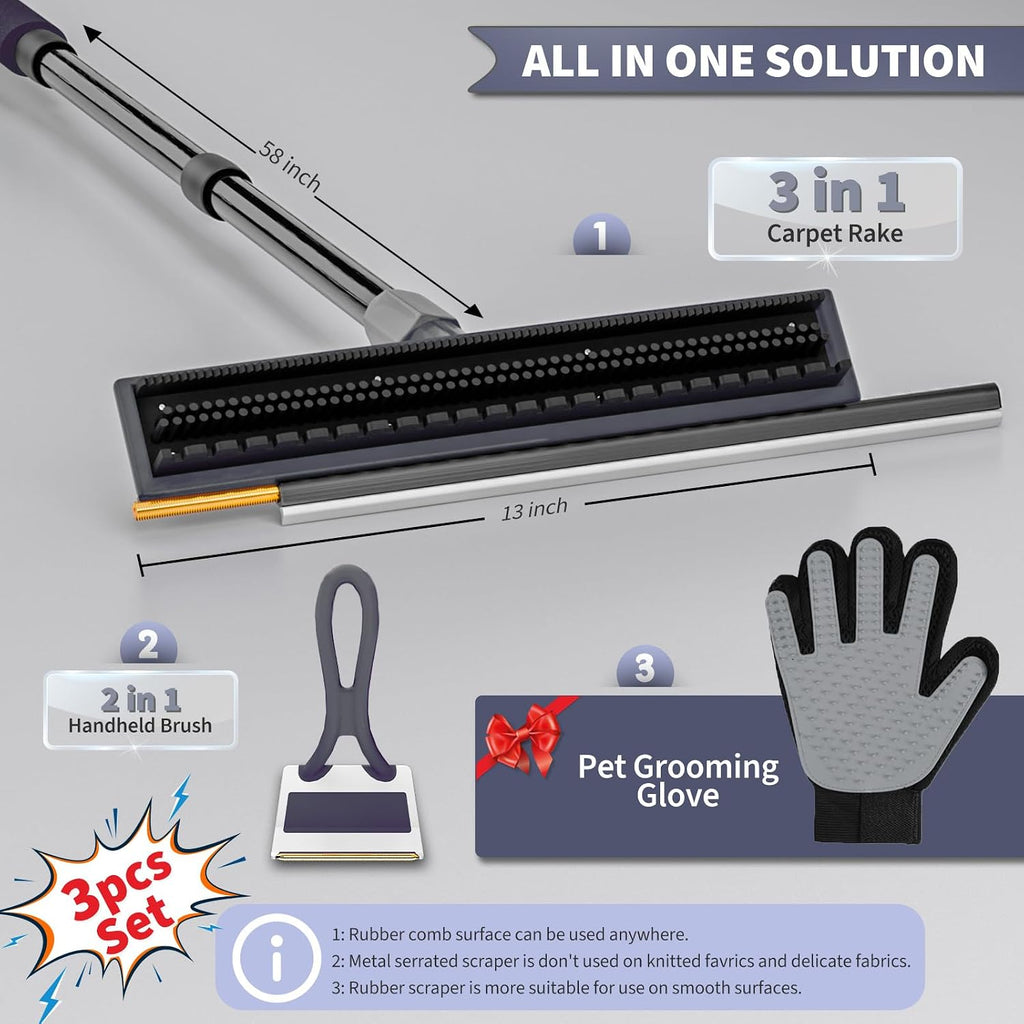 Carpet Rake for Pet Hair Removal - Reusable Dog & Cat Hair Remover with 58" Reinforced Steel Handle, 3-in-1 Professional Modular Rug Rake & Scraper Tool for Shag Rugs, Couch, Stairs (Gray)