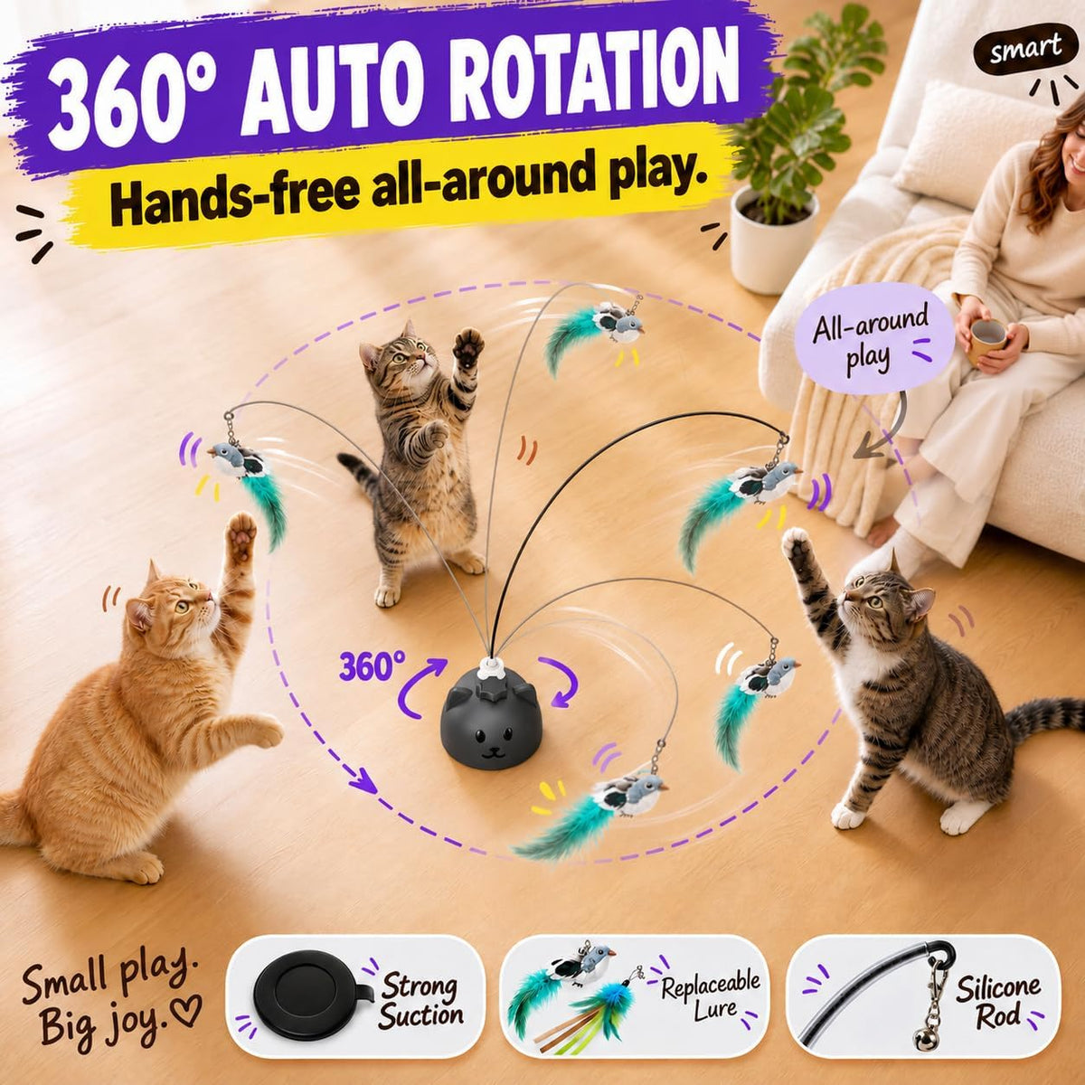 Interactive Cat Toys for Indoor Cats, 360° Automatic Spin Flying Bird Wand