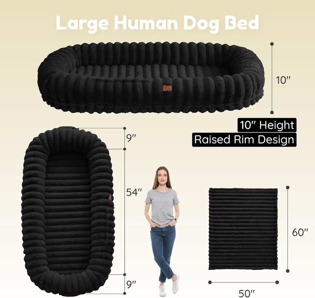 ChiXnuggle Orthopedic Human Dog Bed,Striped Faux Fur Washable Cover,Blanket
