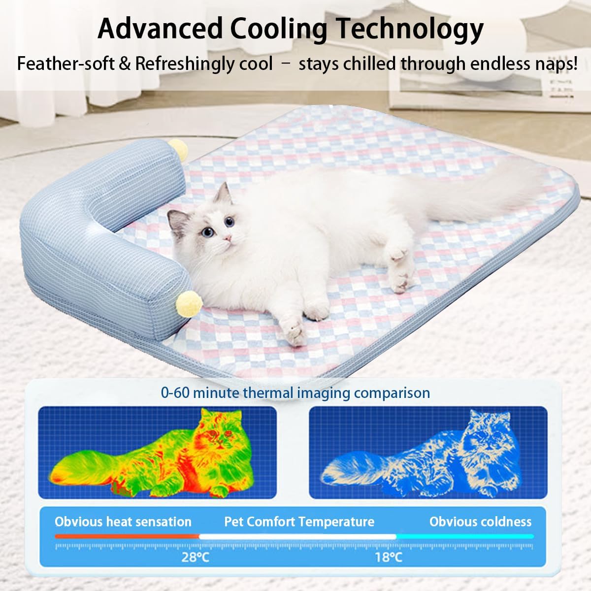 All-Season Ice Fabric Cat Bed with Cushioned Pillow Washable Mat for Pets