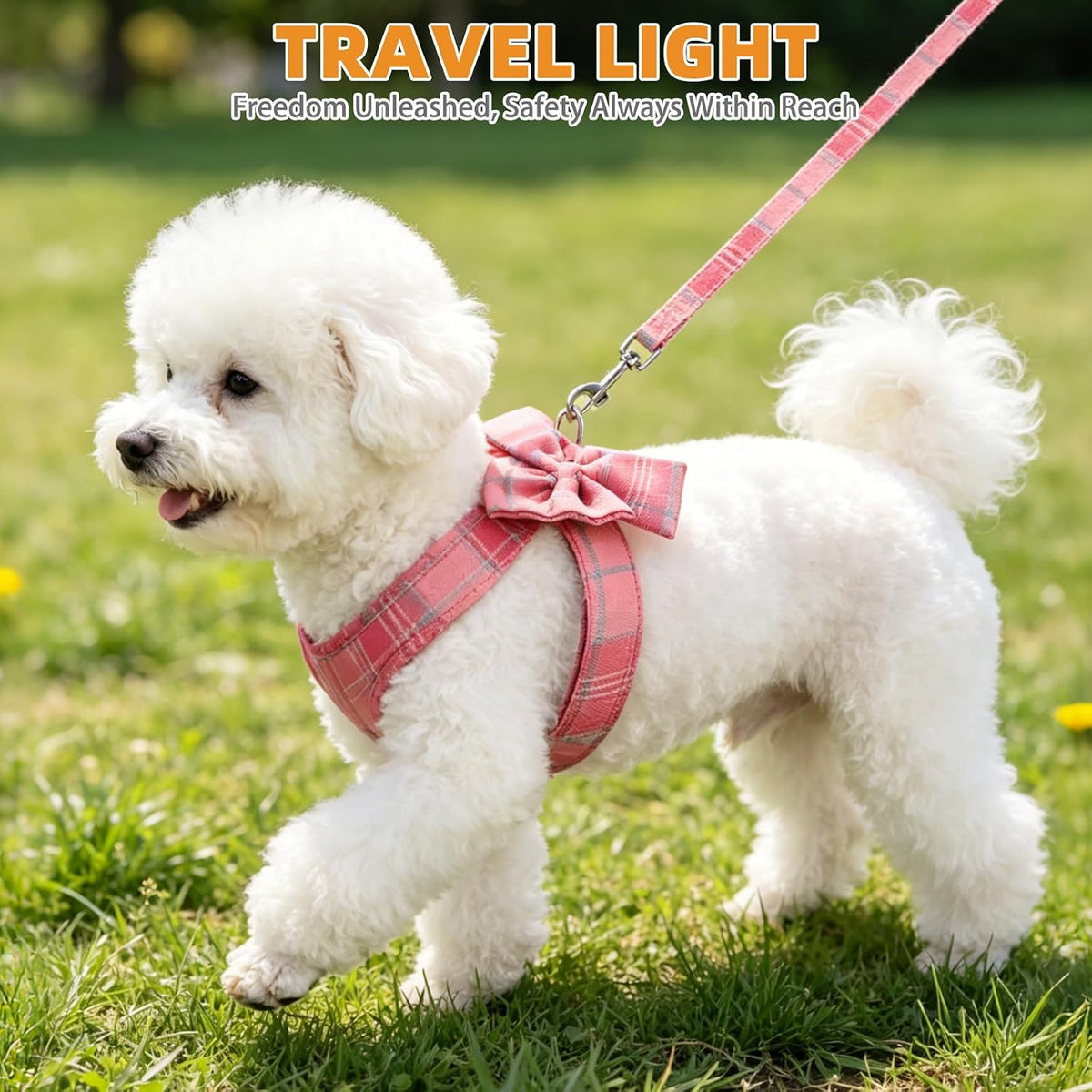 KOOLTAIL Small Dog Harness and Leash Set, Cute Puppy Vest Harnesses with Bowtie, Step in No Pull Soft Mesh Padded Adjustable Plaid Pet Harness for Extra-Samll Medium Dogs Cats, Boy Girl, Pink XS-M