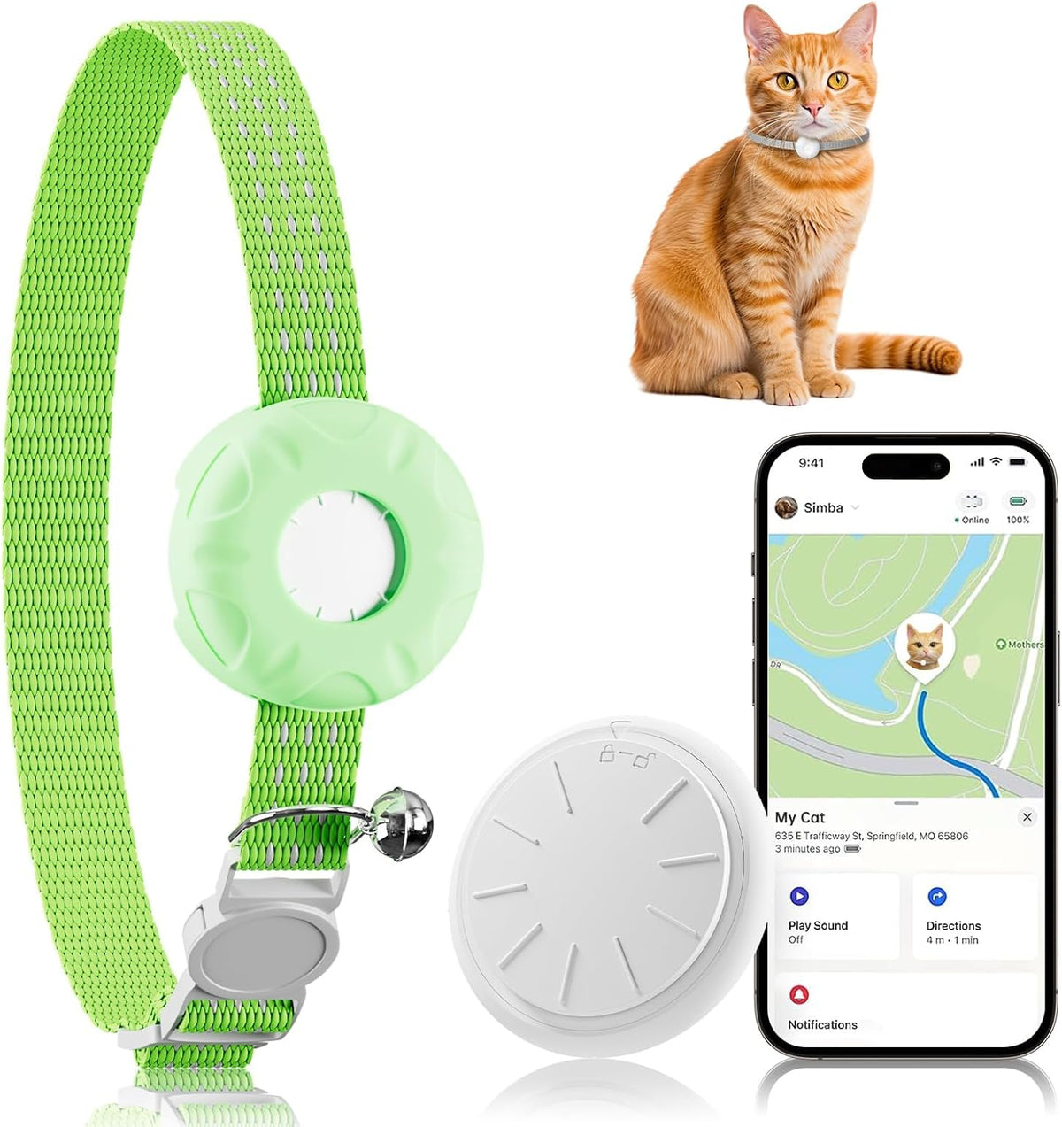 Cat Tracker, Waterproof GPS Tracker for Cats, Cat Tracker Collar with Safety Elastic Buckle, Works with Any Collar,Compatible with Apple Find My App (Only iOS), No Monthly Fee, Light Green