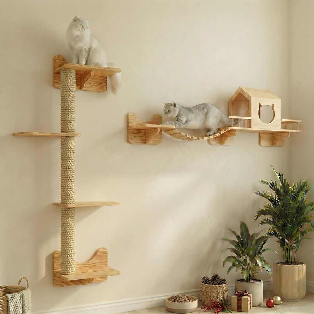 Cat Shelves for Wall – Cat Climbing Furniture Set for Large Cats with House, Bridge Ladder, 3 Scratching Posts & 5 Steps