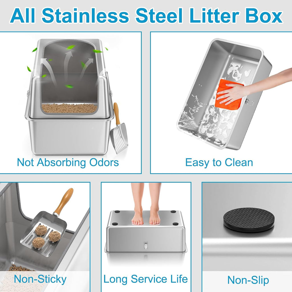 16'' High Sides XXXL All Stainless Steel Cat Litter Box with Lid,8'' Deep Metal Litter Box for Big Cats,Extra Large Litter Boxes with High Wall Enclosure,Anti-Leakage,Never Absorbs Odors,Non-Sticky
