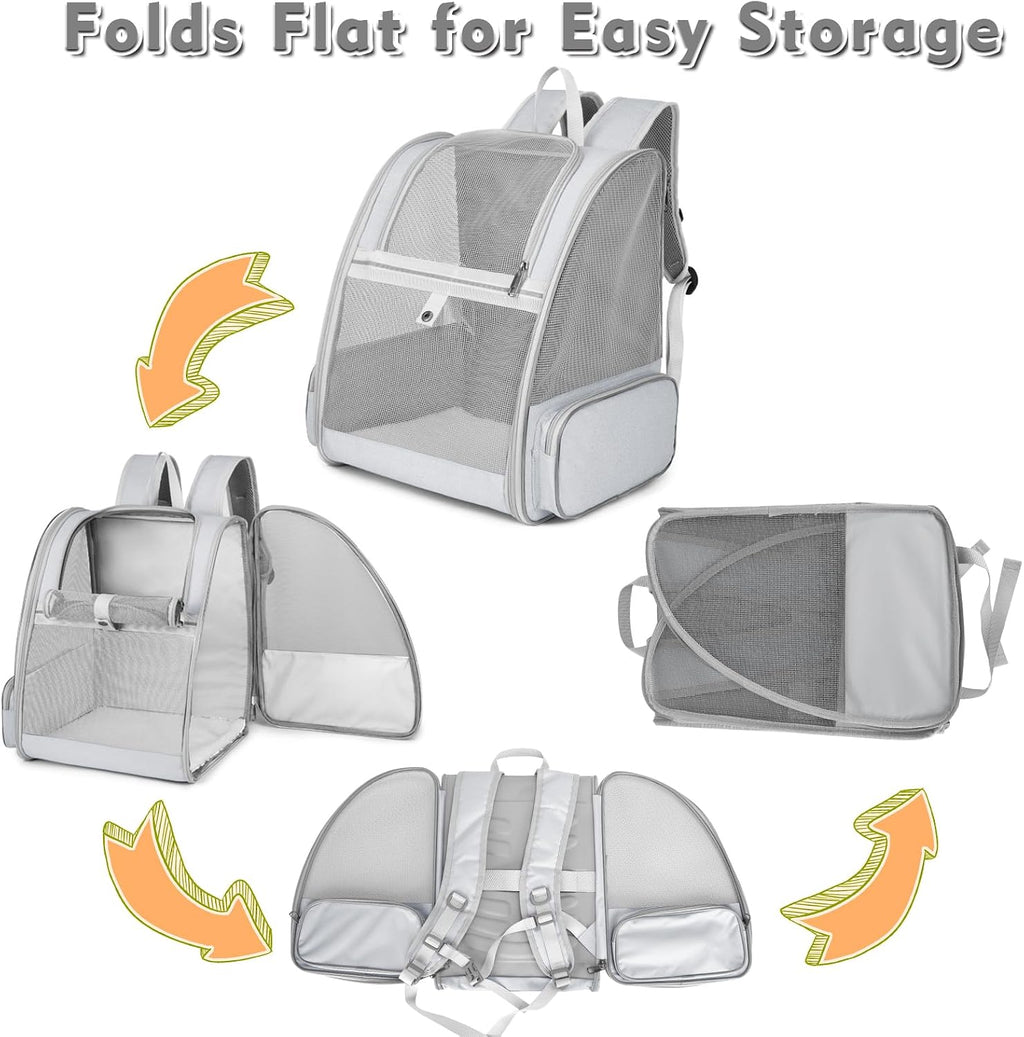 Cat Backpack Carrier, Small Dog Carrier Backpack with Fully Ventilated Mesh, Kitten Wand Feather Toy & Safety Leash, Collapsible Travel Hiking Pet Carrier for Small Dogs Cat Puppy Kitten Bunny (Grey)