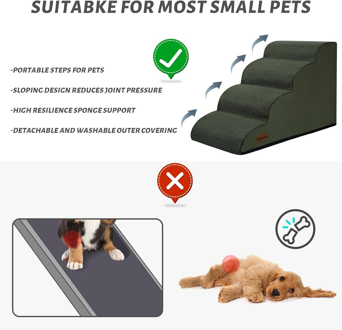 Aodisman Dog Steps for Bed or Couch,4-Step Pet Stairs Ramp for Small Dogs