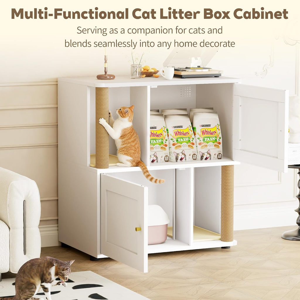 Double Cat Litter Box Enclosure, Litter Box Cabinet for 2 Cats, Hidden Cat Litter Box Furniture, Dog-Proof Litter Box Enclosure with Cats Scratching Post, Suitable for Most Litter Boxes