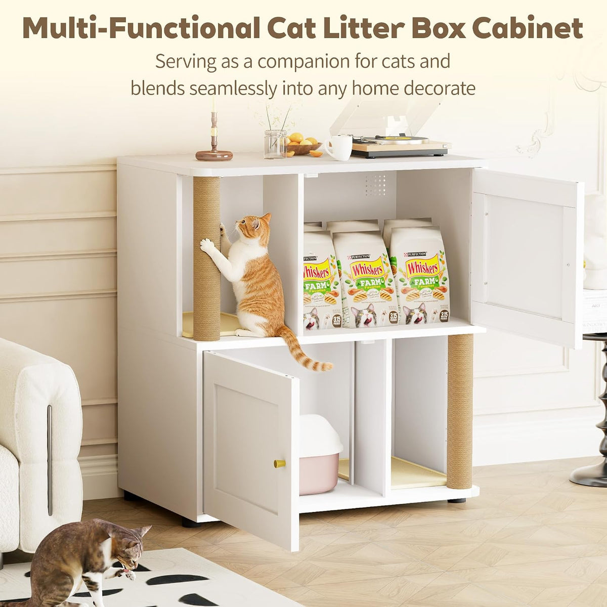 Double Cat Litter Box Enclosure, Litter Box Cabinet for 2 Cats, Hidden Cat Litter Box Furniture, Dog-Proof Litter Box Enclosure with Cats Scratching Post, Suitable for Most Litter Boxes
