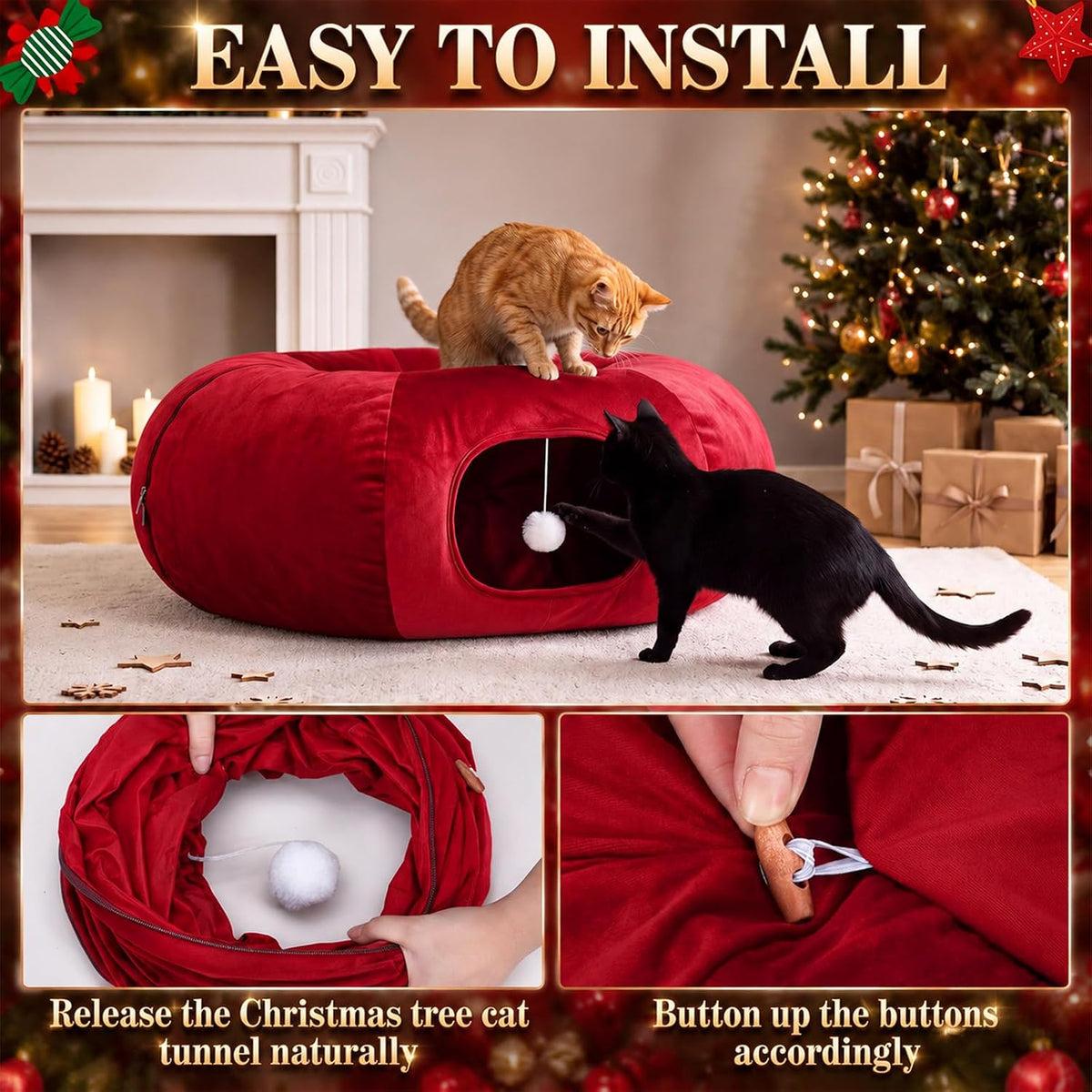 Christmas Tree Cat Tunnel 36 in Donut Bed, Red, Velvet, Fluffy
