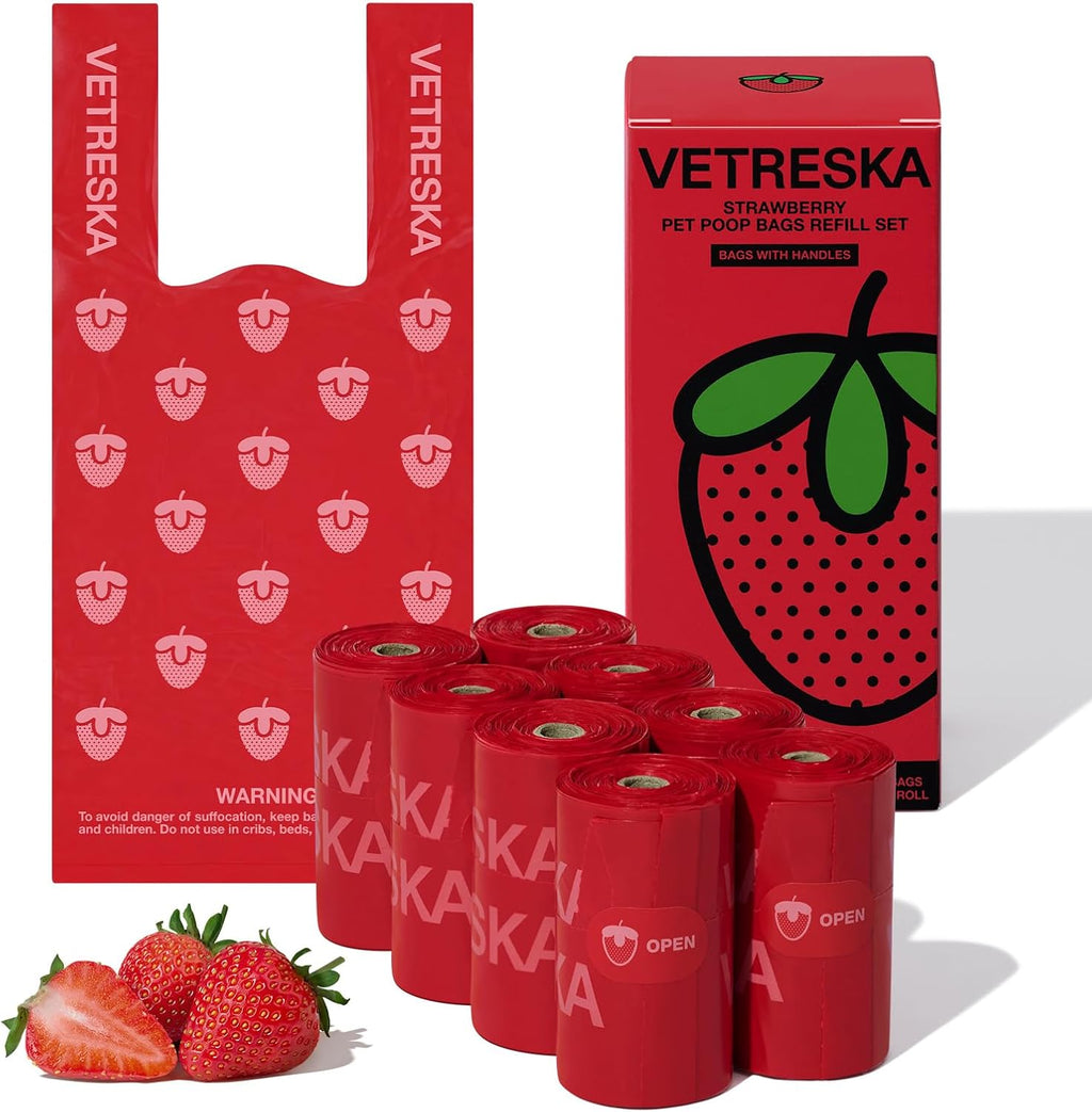VETRESKA Dog Poop Bags with Handle 120 Count, Strawberry Scented Waste Bag | Leak-Proof Thick Dog Bags for Poop, Easy-Tie Large Poop Bags, 8 Refill Rolls for Dog Walking Cat Litter
