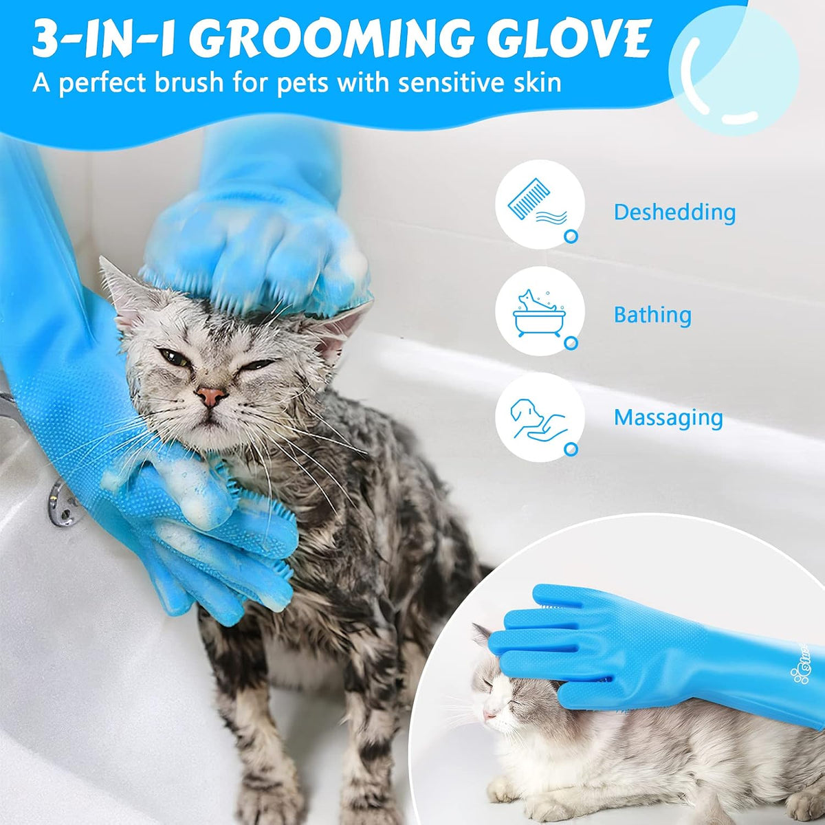 Pecute Silicone Pet Grooming Gloves for Washing Cats Dogs Bath Brush Large