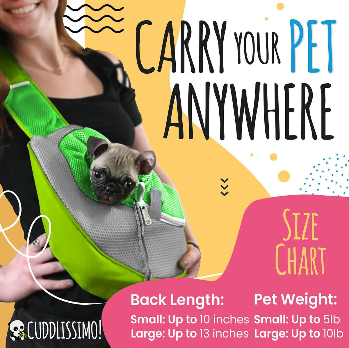 Cuddlissimo Small Dog Sling Carrier, Pet Cat Sling, Puppy Pouch - Green-S
