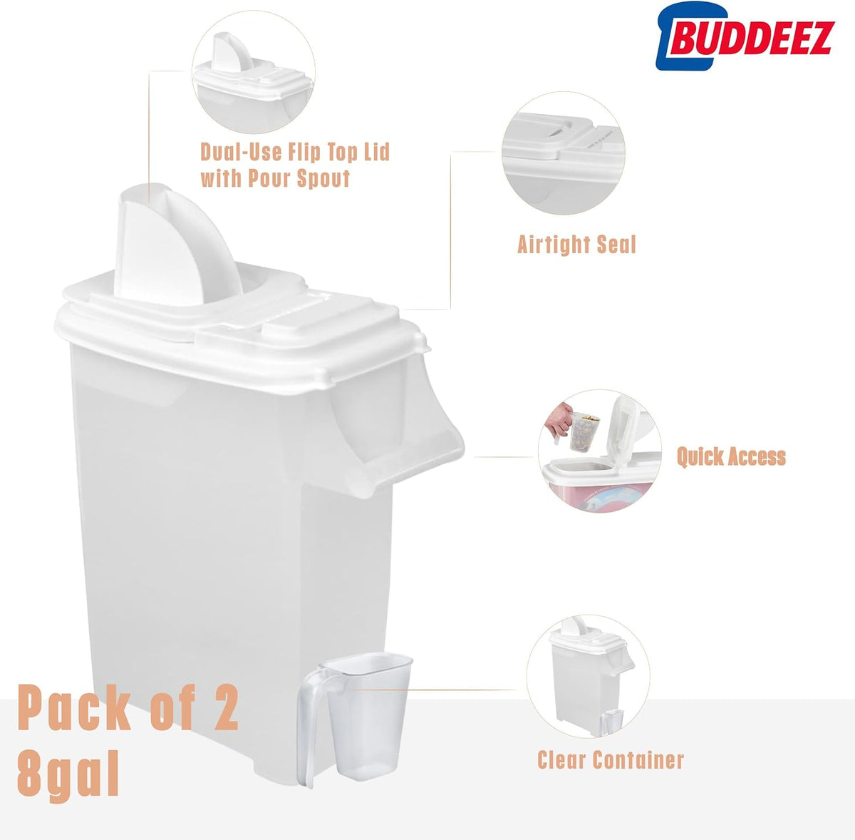 Buddeez Pet Food Storage Dispensers - Dog Food Storage Containers, Cat Food Containers, Bird Seed Containers w/Handle and Flip Lid, 8 Gallon(2 pack)
