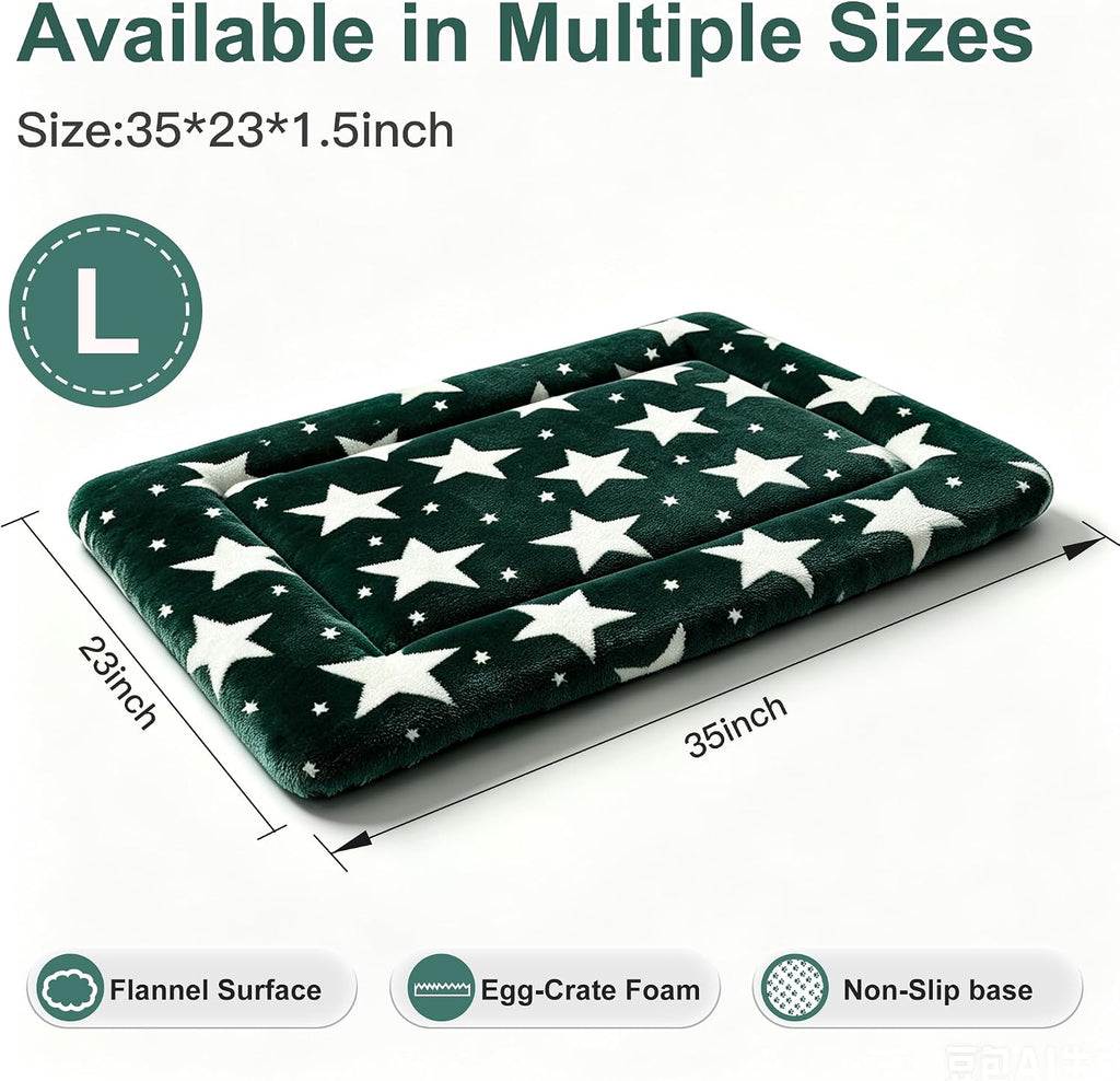 Dog Bed Mat, Reversible Crate Pad & Durable Dog Bed - Machine Washable Kennel Mat with Ultra Soft for Large Dogs (Big&Small Stars Green, 35" L*23" W*1.5" Th)