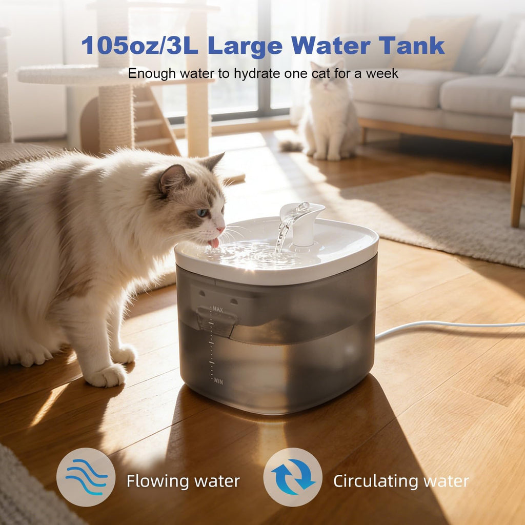 Cat Water Fountain 105oz/3L Pet Water Fountain - Quiet Dog Water Fountain with Water Level - Flowing Water to Provide Fresh Water- No Sputter, Easy Cleaning, Suit for cat Waterer