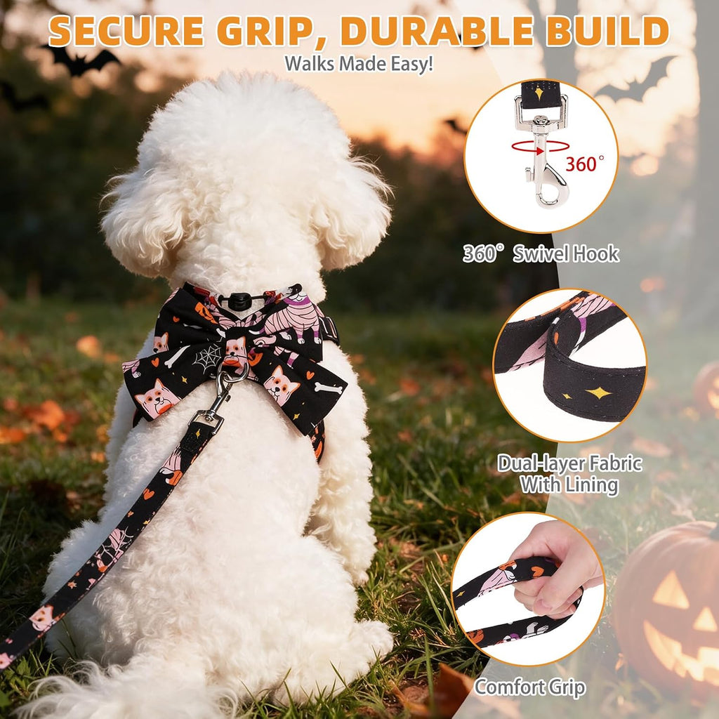 KOOLTAIL Halloween Dog Harness and Leash Set for Small Medium Sized Dogs Cats, Cute Puppy Vest Harnesses with Bowtie, Step in No Pull Soft Mesh Padded Adjustable Pet Harness Boys Girls, Pumpkin S
