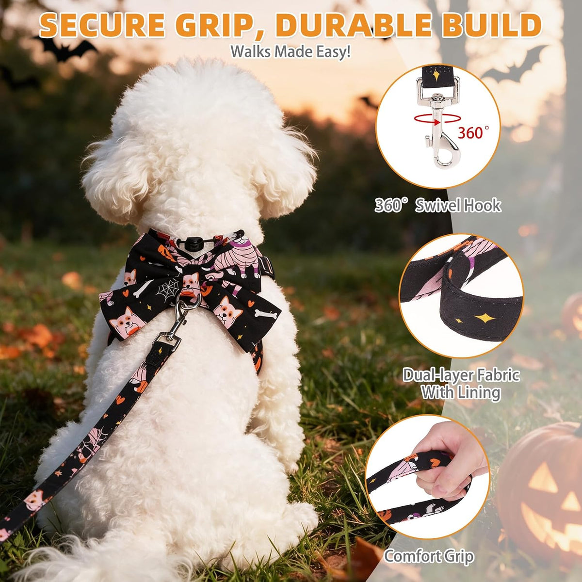 KOOLTAIL Halloween Dog Harness and Leash Set for Small Medium Sized Dogs Cats, Cute Puppy Vest Harnesses with Bowtie, Step in No Pull Soft Mesh Padded Adjustable Pet Harness Boys Girls, Pumpkin M