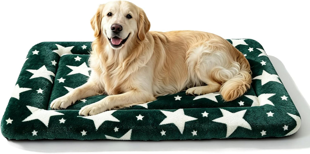 Dog Bed Mat, Reversible Crate Pad & Durable Dog Bed - Machine Washable Kennel Mat with Ultra Soft for Large Dogs (Big&Small Stars Green, 35" L*23" W*1.5" Th)