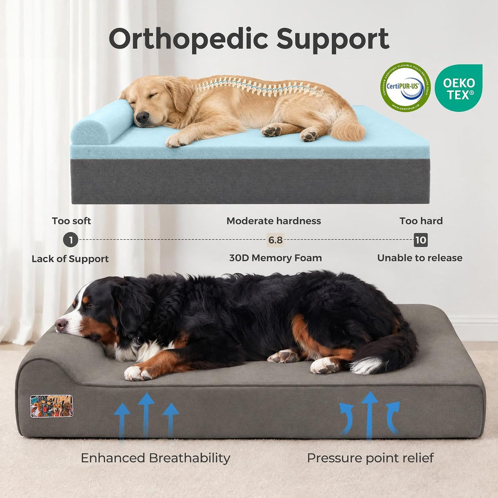 Sytopia Orthopedic Dog Beds for Large Dogs – 4" Extra Thick Memory Foam Pet Couch for Senior Dogs and Great Danes with Waterproof Liner & Washable Cover, Nonskid Bottom, 46"x28"x4", Dark Grey