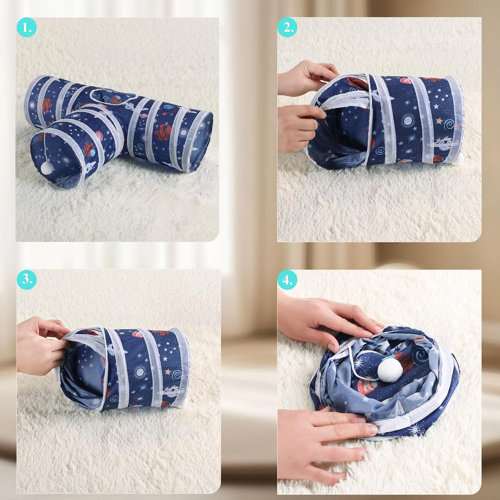 HERCOCCI Rabbit Toys, Collapsible Bunny Tunnels & Tubes 3 Way Rabbit Hideout Tunnel with Ball Toy for Bunny Guinea Pig Ferret Kitten