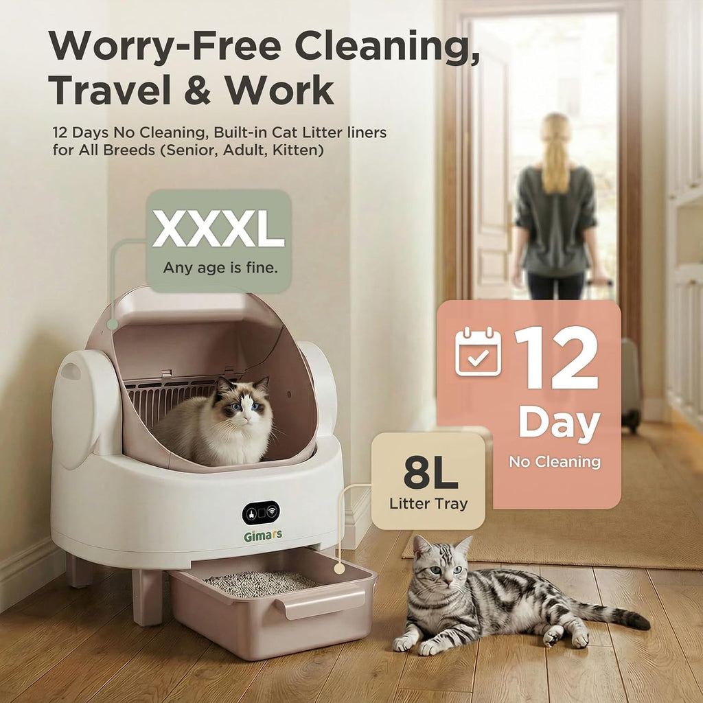 Gimars Open Top Design Self Cleaning Litter Box, Automatic Cat Litter Box for Multiple Cats & Senior Cats, App Control with Safety Sensors, Low Odor, Includes Trash Bags & Litter Mat