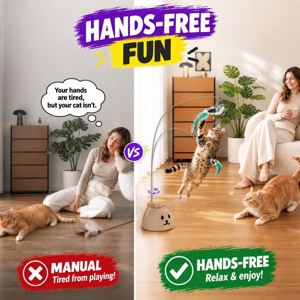Interactive Cat Toys for Indoor Cats: Automatic Flying Bird Cat Toy with 360° Feather Wand, Strong 8cm Suction Cup, USB Rechargeable Self-Play Cat Toy for Bored Kittens & Adult Cats