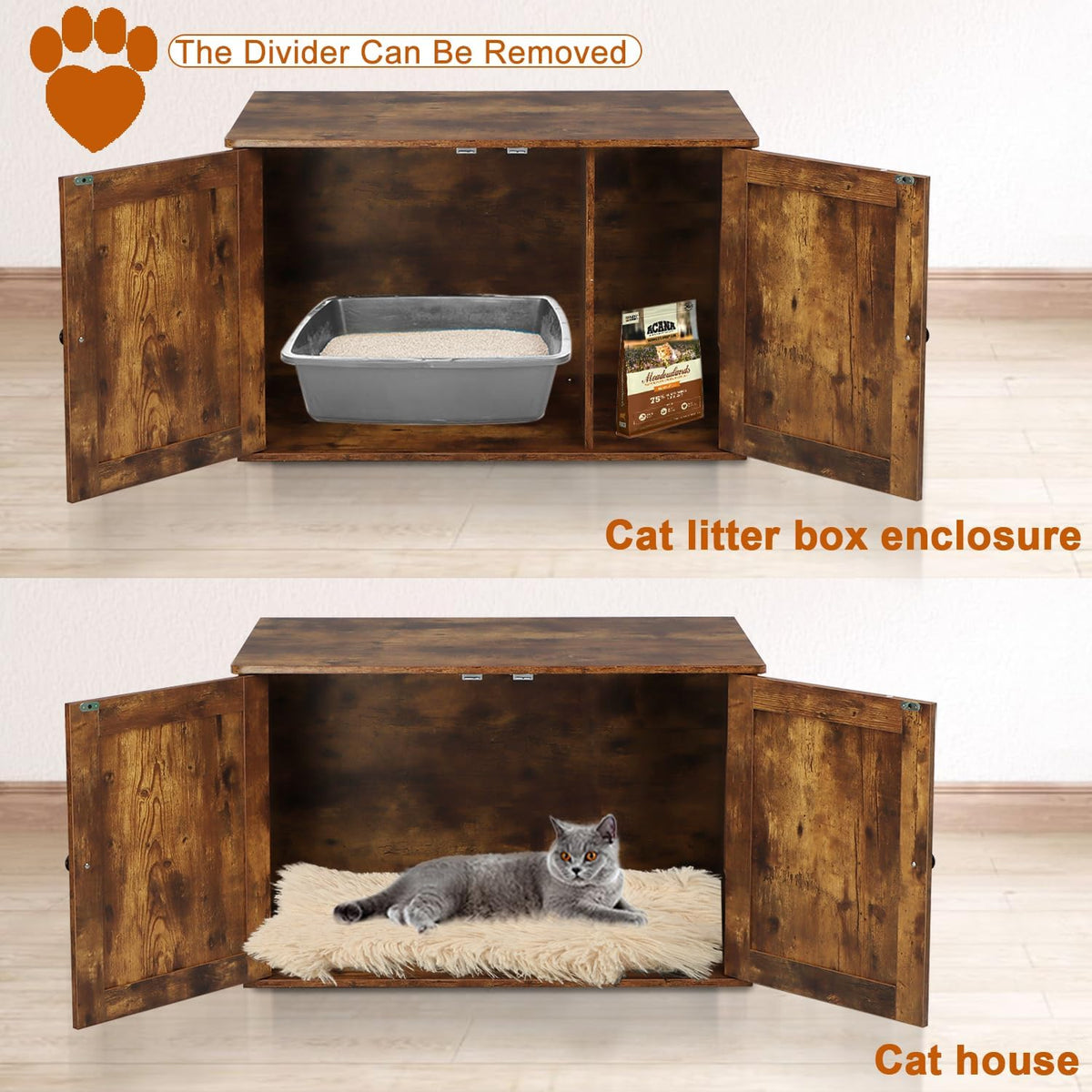 Timberer Cat Litter Box Enclosure, Hidden Litter Box Furniture with Divider | Wooden Cat Washroom Furniture, Indoor Cat House, Dog-Proof, Fits Most of Litter Box, Rustic Brown