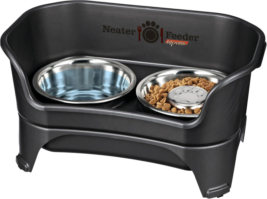 Neater Feeder - Express Model w/ Slow Feed Bowl - Mess-Proof Dog Bowls (M/L, Black) Made in USA – Elevated, No Spill, Non-Tip, Non-Slip, Raised Stainless Steel Food/Water Pet Bowls Aid Digestion 