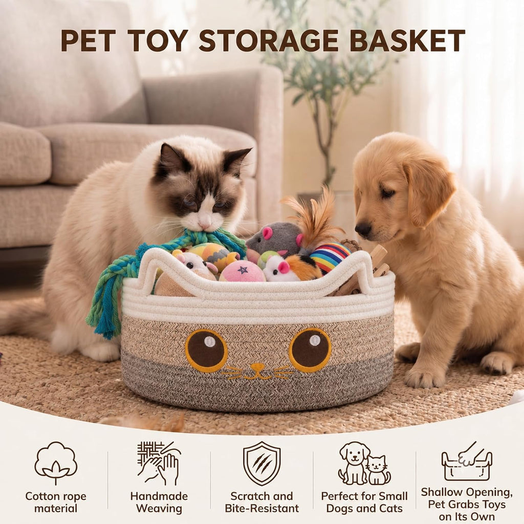 Small Round Dog Toy Basket,Cotton Rope Storage Basket for Living Room,Brown