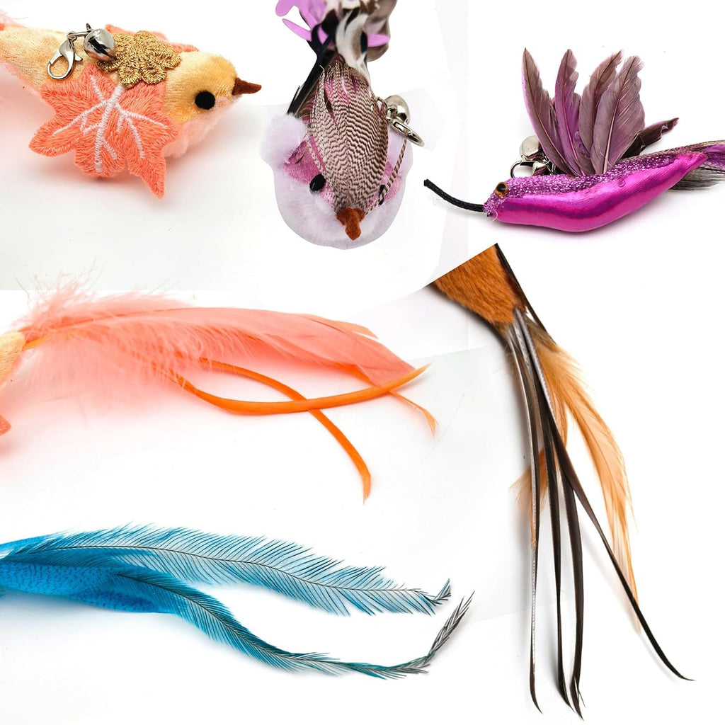 miwoowim 35" Steel Wire Cat Wand Toy & 6PCS Realistic Feather Bird Refills | Sturdy wooden handle for easy grip.Handcrafted birds with bells.Promotes active play, healthy exercise & bonding