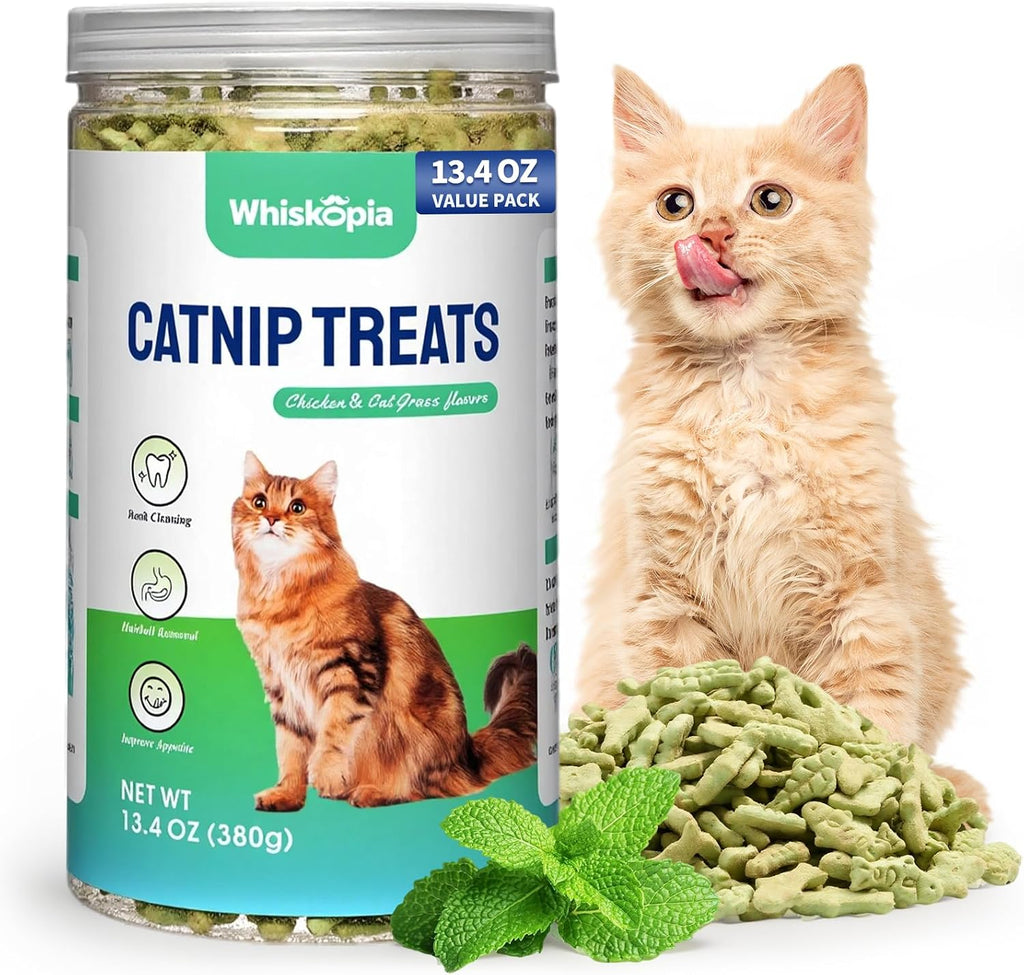 13.4 OZ Catnip Cat Treats for Indoor Cats with Cat Grass Hairball Control & Dental Care Natural Chicken Kitten Snacks Crunchy Training Biscuits for Teeth Cleaning