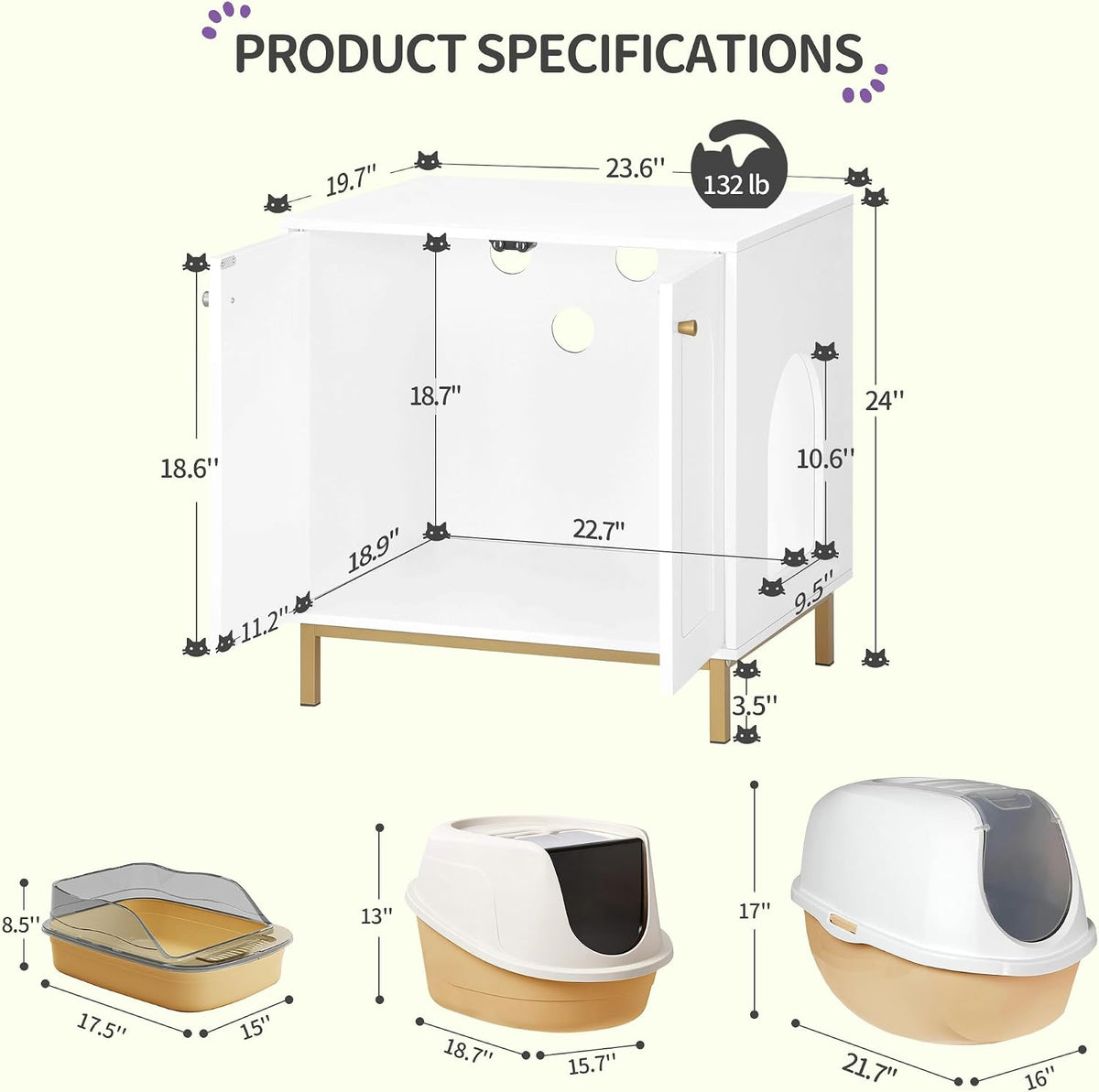 Hzuaneri Cat Litter Box Enclosure, Hidden Litter Box Furniture, Sisal Mat | Wooden Indoor Cat Cabinet, Modern Cat Washroom, Side End Table, for Living Room, Bedroom, White and Gold CB81203G