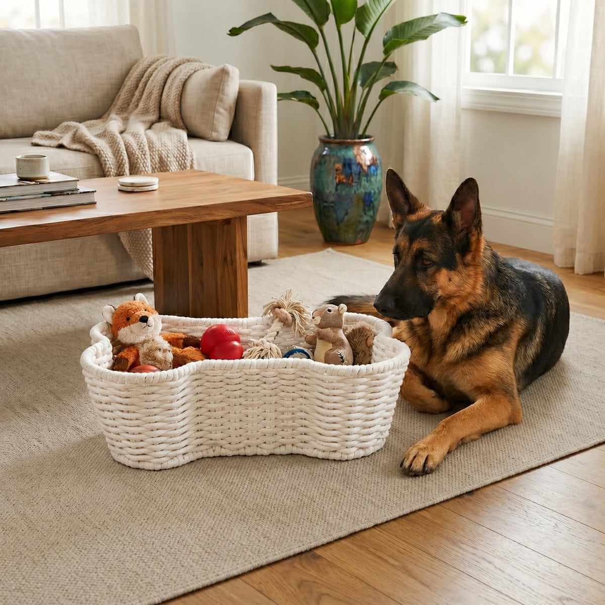 OtterPets Dog Toy Basket, Bone Shaped Cotton Rope Dog Toy Bin, Large 23x15