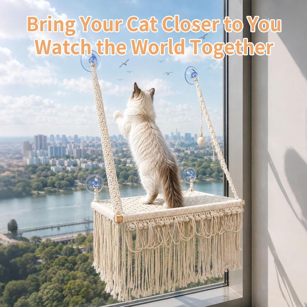 Cat Window Perch with Foldable Hook,22"x14",Handwoven Catio,Macrame Cat Window Perch, Bohemian Cotton Hammock with 3 Sides Tassels
