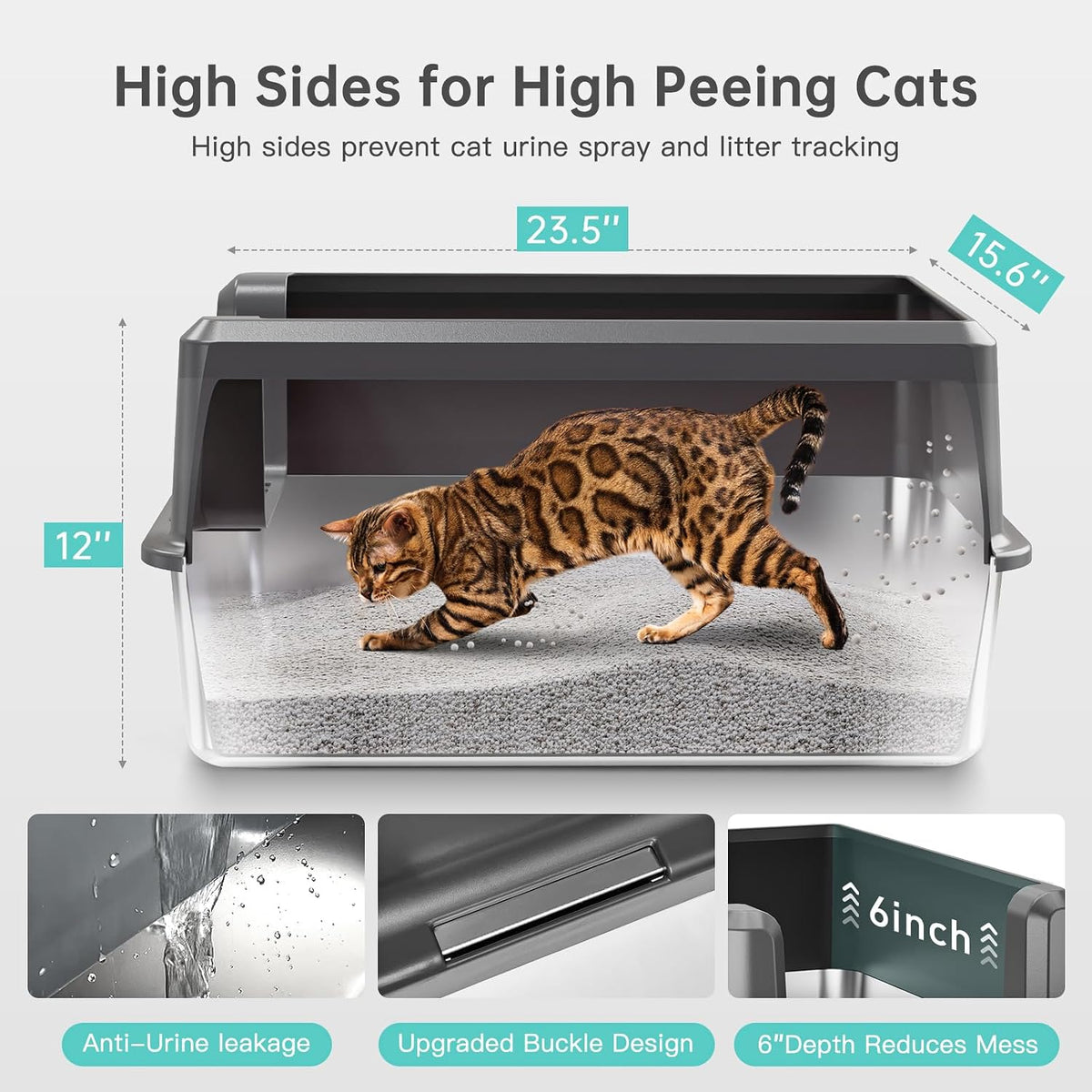 Stainless Steel Cat Litter Box, XL High Sided Open Top Litter Pan, 1 Scoop | Extra Large Litter Box for Big Cats, High Sides, Anti-Urine Leakage, Non-Stick, Odor-Free, Easy Clean, Reduce Litter Tracking