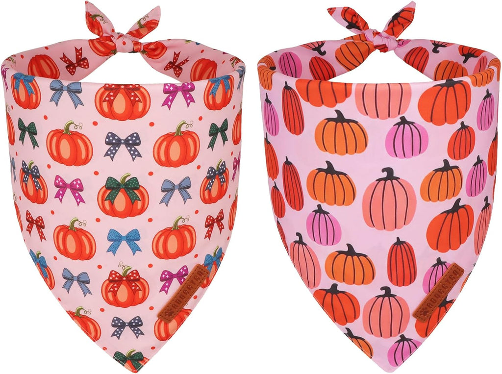 ADOGGYGO Fall Dog Bandanas Girl, Pink Bow Pumpkin Thanksgiving Bandana, L