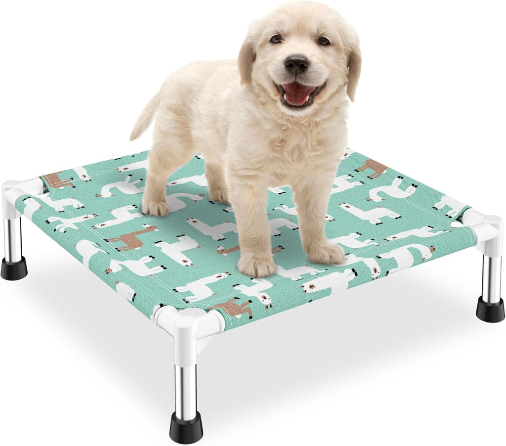 Cute Alpaca Print Elevated Dog Bed - Portable Cooling Pet Cot for Small Dog