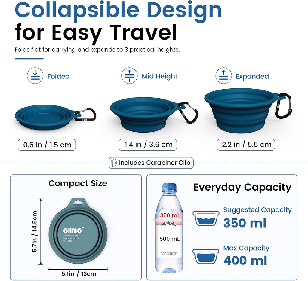OHMO Collapsible Dog Bowls for Pet Travel, 12oz, 2pcs, Dark&Light Blue | Portable Water Bowl, Cat-Friendly, BPA-Free Silicone, Foldable Storage, Lightweight Carry, Hiking&Camping Gear, Easy-Clean
