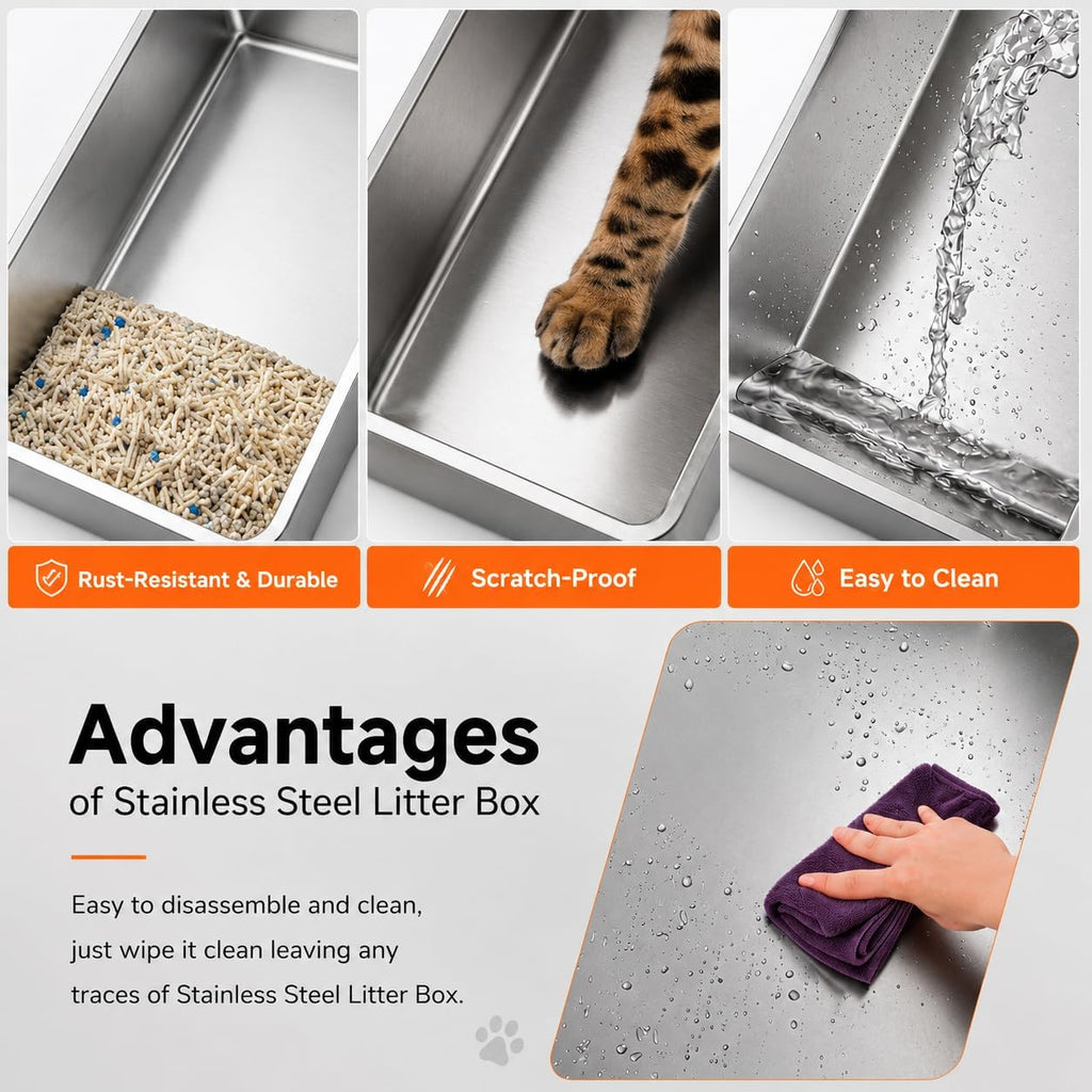 KalraMay Extra Large XXXL/XXL Stainless Steel Litter Box with Lid, Gray