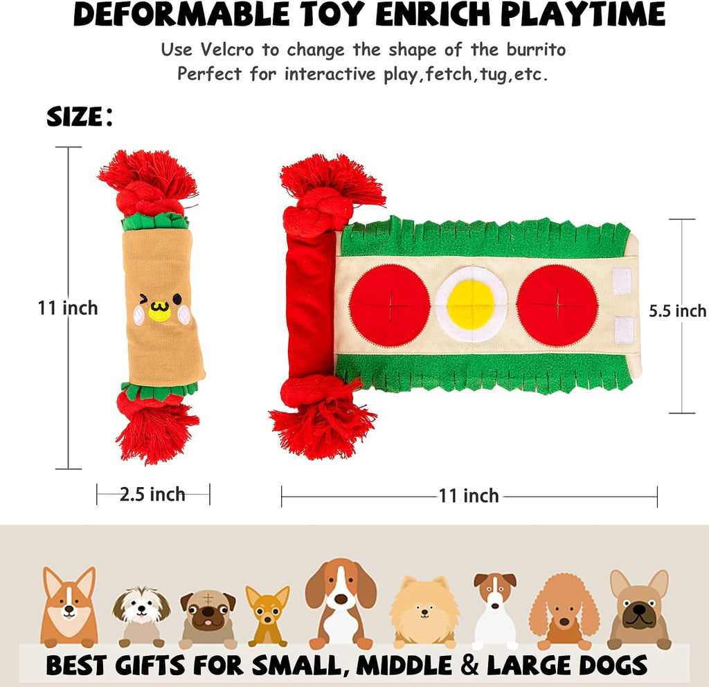 lilfrd Burrito Snuffle Mat Dog Toy, Squeaky Crinkle Rope Puzzle Taco Toy | Treat Dispensing, Boredom Relief, Suitable for Small Medium Dogs