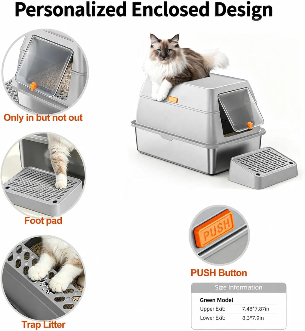 XL Stainless Steel Litter Box with Lid, Enclosed Metal Cat Pan