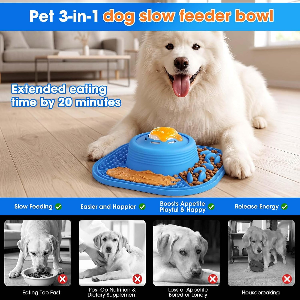 VIOWEY 3-in-1 Dog Slow Feeder Bowl, 10-Inch Removable Large Non-Slip Feeder