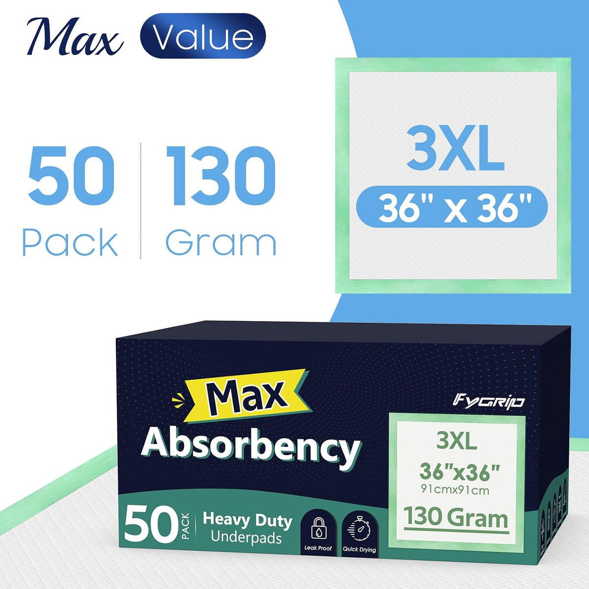 50 Ct Hospital Grade 130 Gram 36” x 36” Max Absorbency Disposable Underpads | Leakproof Quick Drying XXXL Bed Pads Disposable for Adults, Kids, Pets Incontinence Pads, Pee Pads