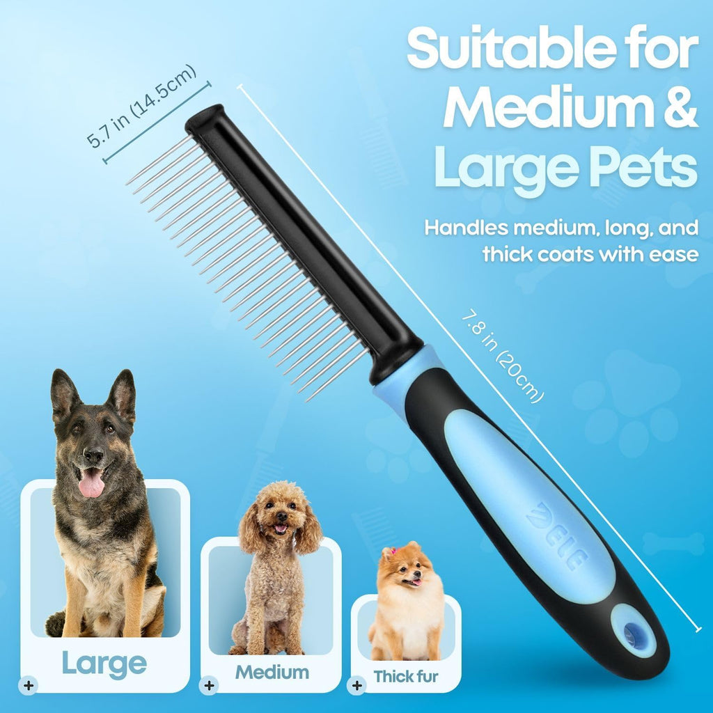 Flexzion Metal Dog Comb for Grooming and Dematting, Blue Soft-Grip Handle